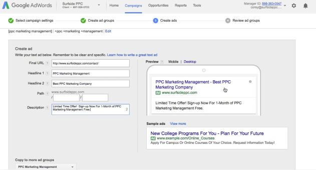 step 8 create your adwords text ads