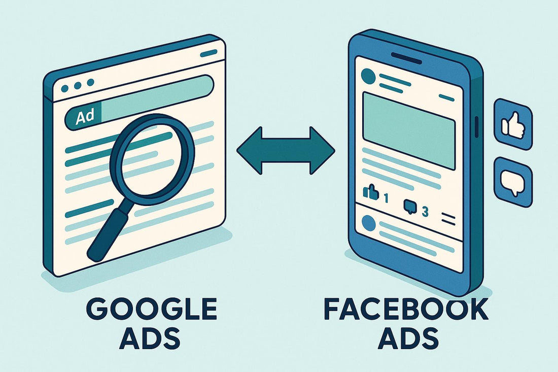 Illustration comparing Google Ads vs Facebook Ads for better ROI, featuring a desktop search ad with magnifying glass alongside a mobile Facebook ad with social engagement icons connected by arrows