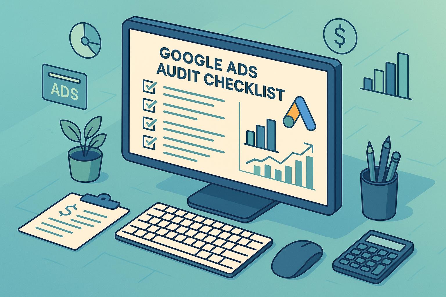 Illustration of a Google Ads audit checklist displayed on a desktop monitor with review items, performance charts, and surrounding workspace tools including clipboard, calculator, and analytics icons