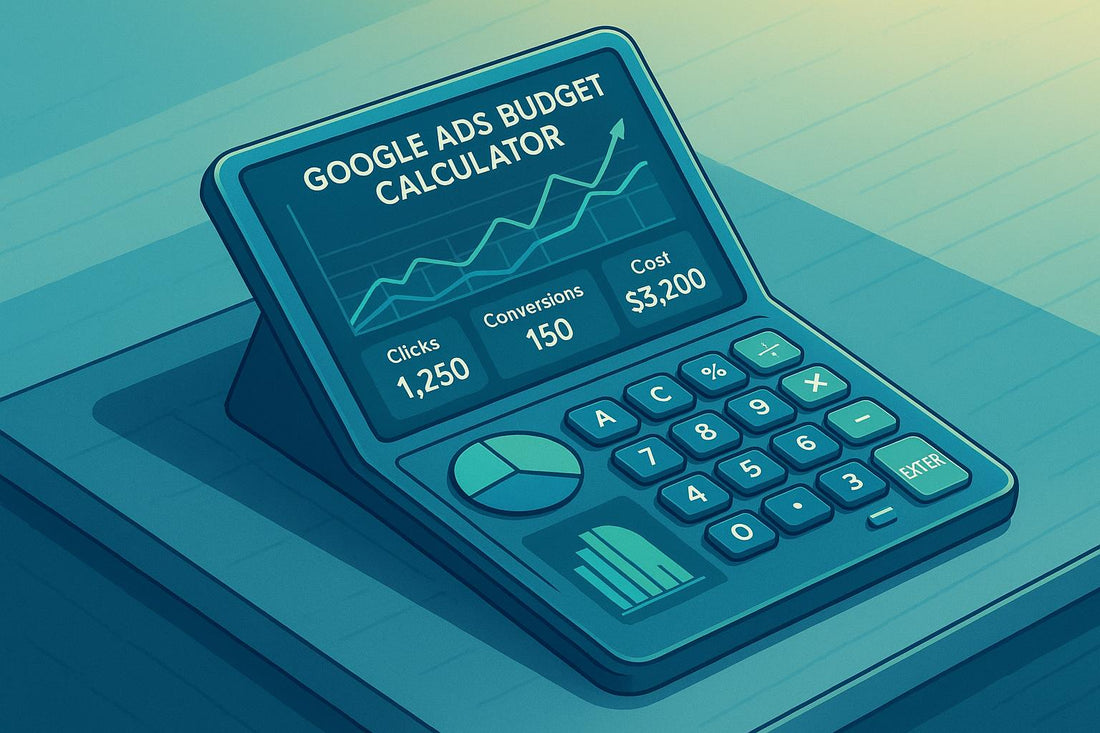 Illustration of a Google Ads budget calculator displaying clicks, conversions, and cost metrics alongside performance charts and pie graphs on a stylized calculator interface