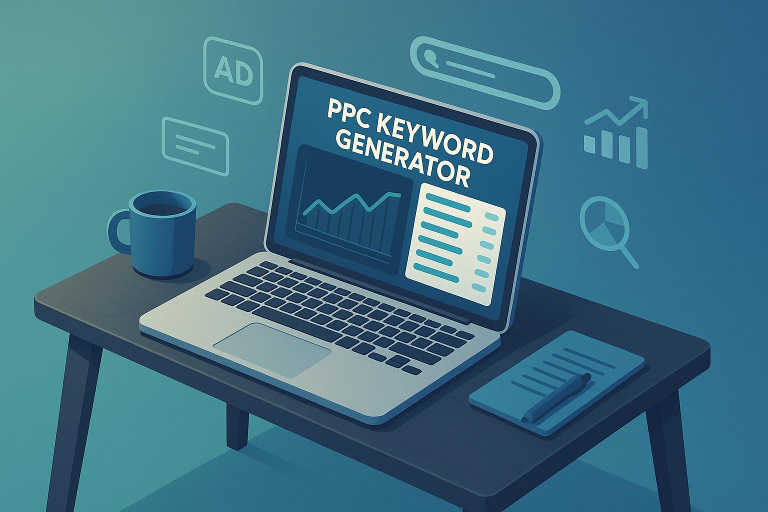 Illustration of a PPC keyword generator tool on a laptop screen, surrounded by ad icons, performance charts, and analytics graphics on a workspace desk with calculator and coffee mug