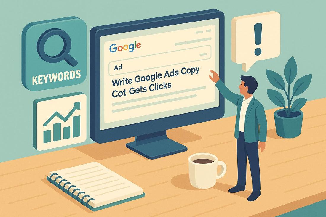 Illustration of how to write Google Ads copy that gets clicks, featuring a marketer reviewing a search ad headline on a desktop monitor with keyword research, performance charts, and notepad nearby