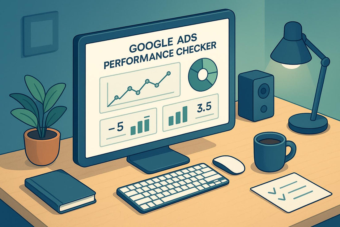 Illustration of a Google Ads performance checker dashboard on a desktop monitor displaying trend charts, pie graph, and key metrics on a tidy workspace with keyboard, coffee mug, and desk lamp