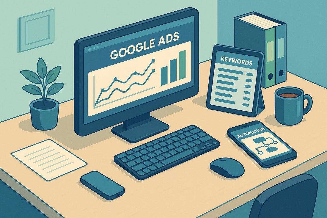 Illustration of a desktop workspace with digital tools for Google Ads keyword analysis and campaign automation.