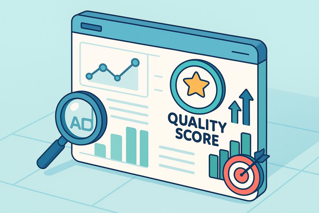 Illustration of a complete guide to Quality Score in Google Ads, featuring a browser window with performance trend chart, star rating badge, rising bar graphs, magnifying glass on an ad, and target bullseye