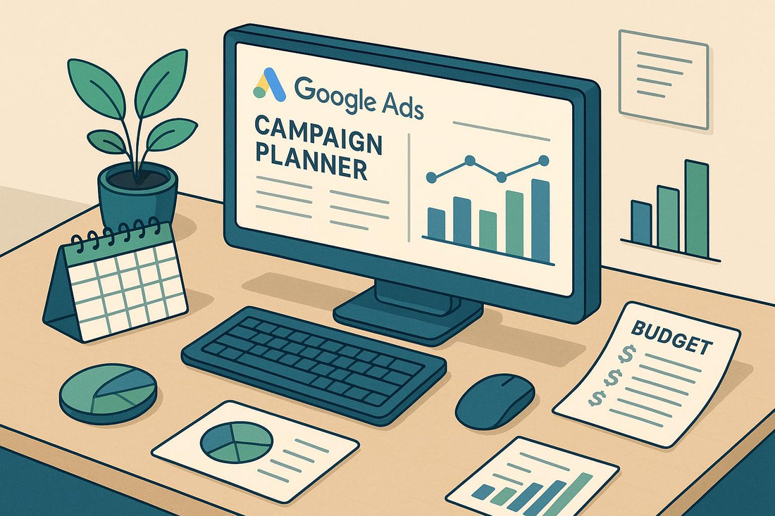 Illustration of a desktop workspace featuring the Google Ads Campaign Planner on screen with charts and budget documents.