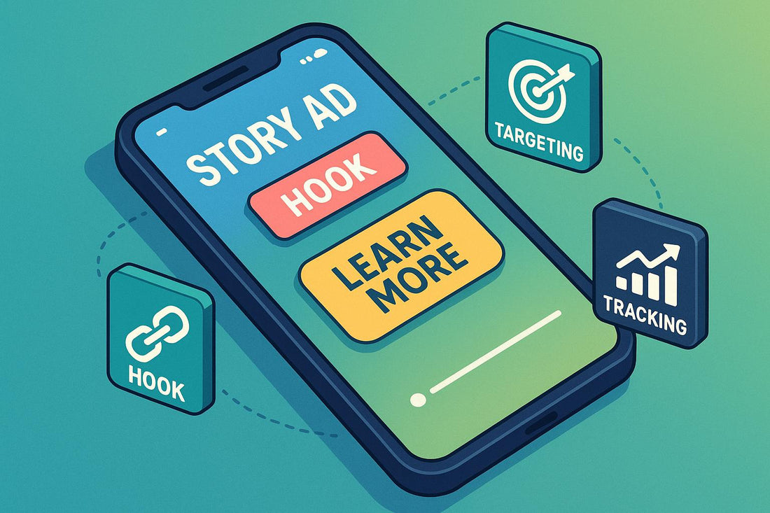 3D illustration of optimizing Story Ads on Meta, featuring a smartphone displaying a vertical story ad with hook and learn more buttons surrounded by hook, targeting, and tracking performance icons
