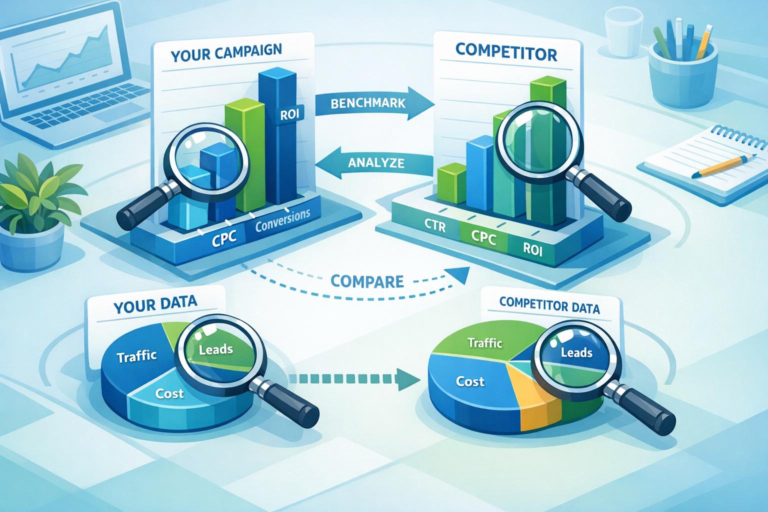 Benchmark PPC campaigns against competitors using data analysis for CPC, ROI, traffic, and leads.