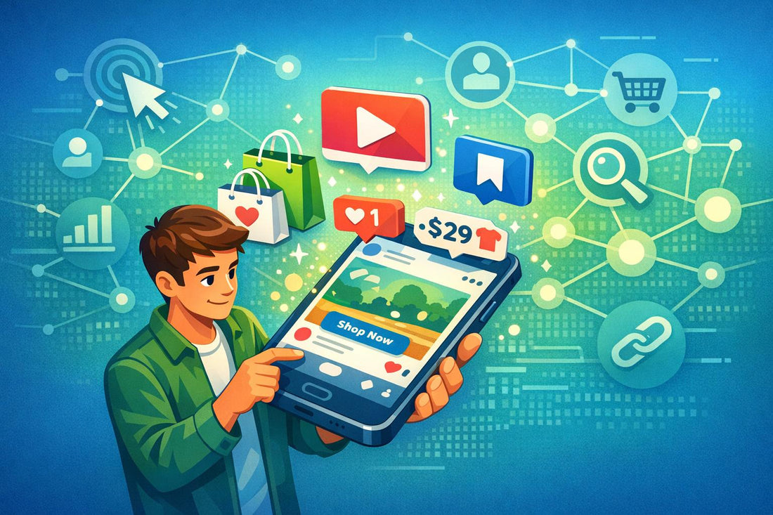 Illustration of behavioral targeting tips for Instagram ads, featuring a user interacting with a mobile shop now ad surrounded by shopping, video, engagement, targeting, and conversion tracking icons