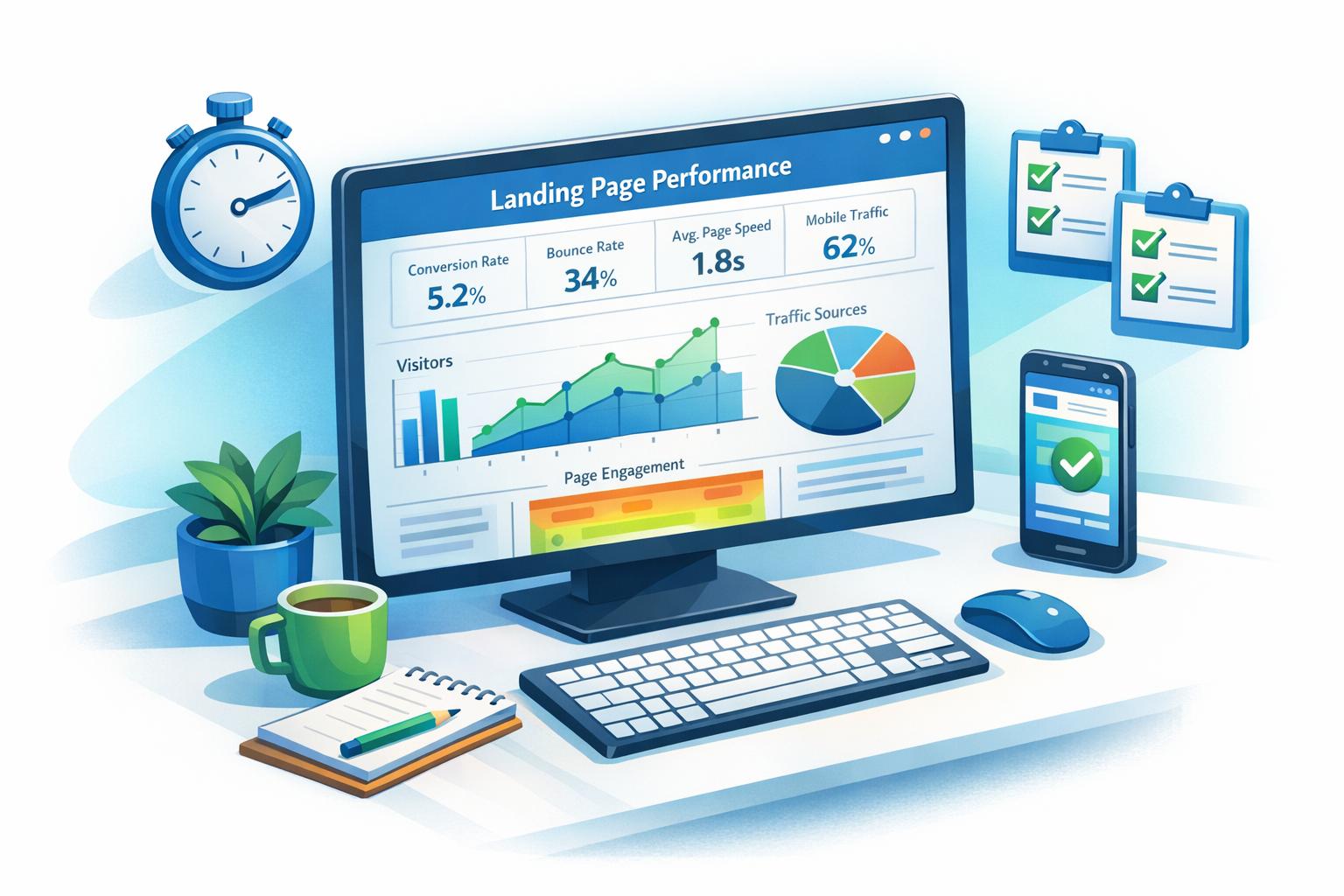 Illustration of Google Ads landing page metrics explained, featuring a dashboard displaying conversion rate, bounce rate, page speed, mobile traffic, visitor trends, traffic sources, and engagement data