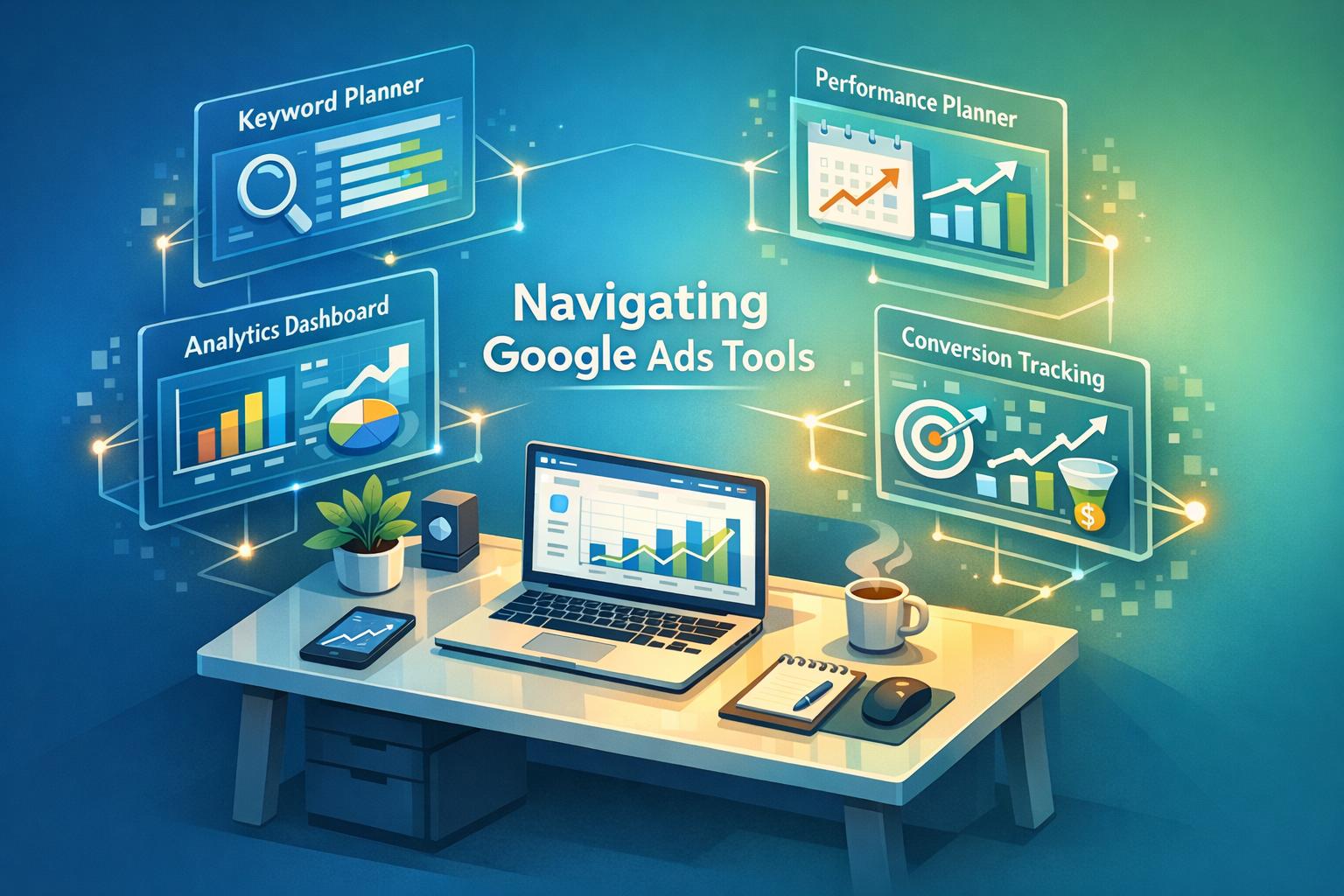 Illustration of navigating Google Ads tools, featuring a laptop workspace surrounded by Keyword Planner, Analytics Dashboard, Performance Planner, and Conversion Tracking panels connected by data flow lines