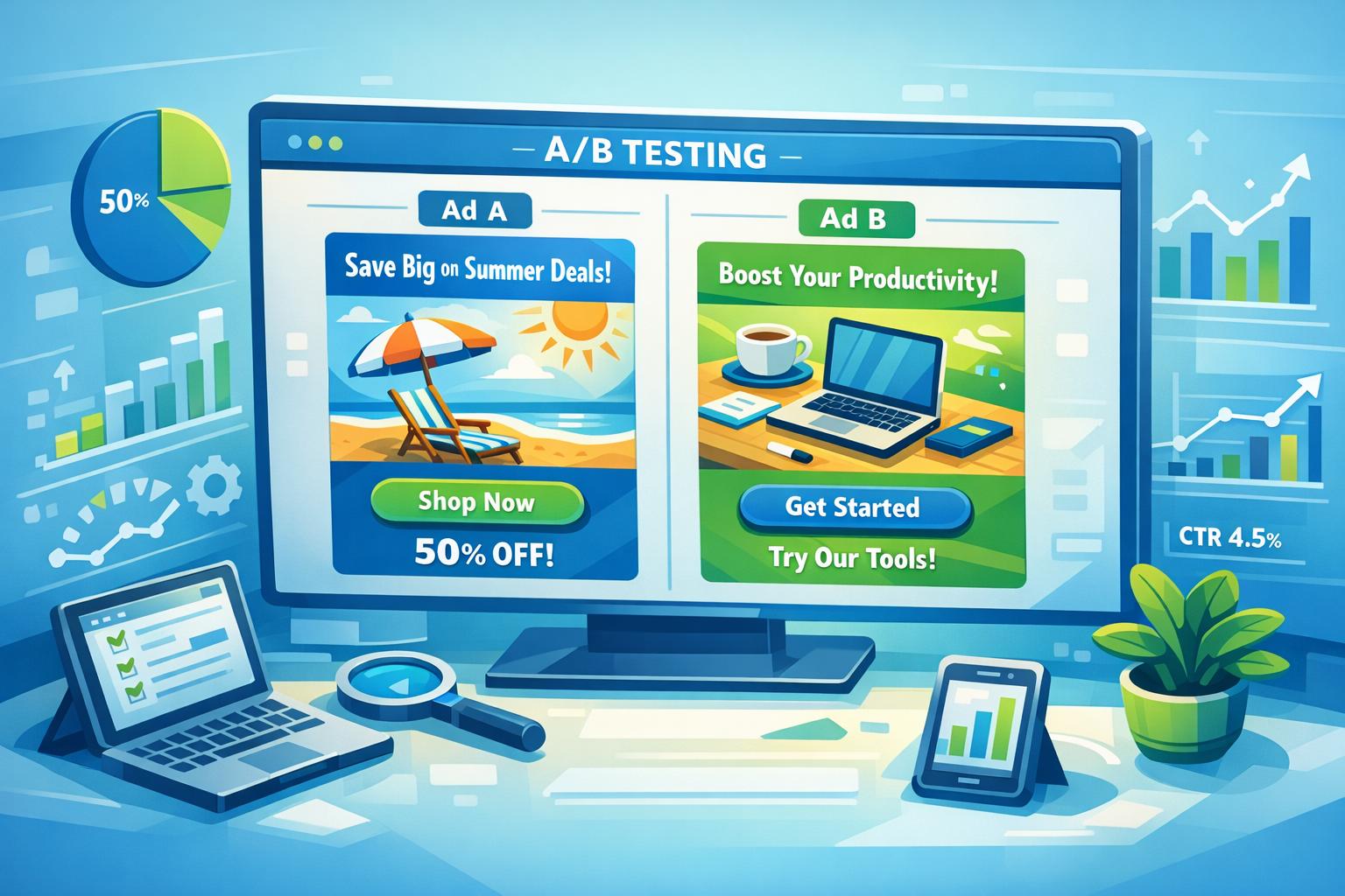 Illustration of competitor A/B testing ideas for PPC ads, featuring a split-screen comparison of two display ads on a monitor surrounded by performance charts, CTR metrics, and analytics devices