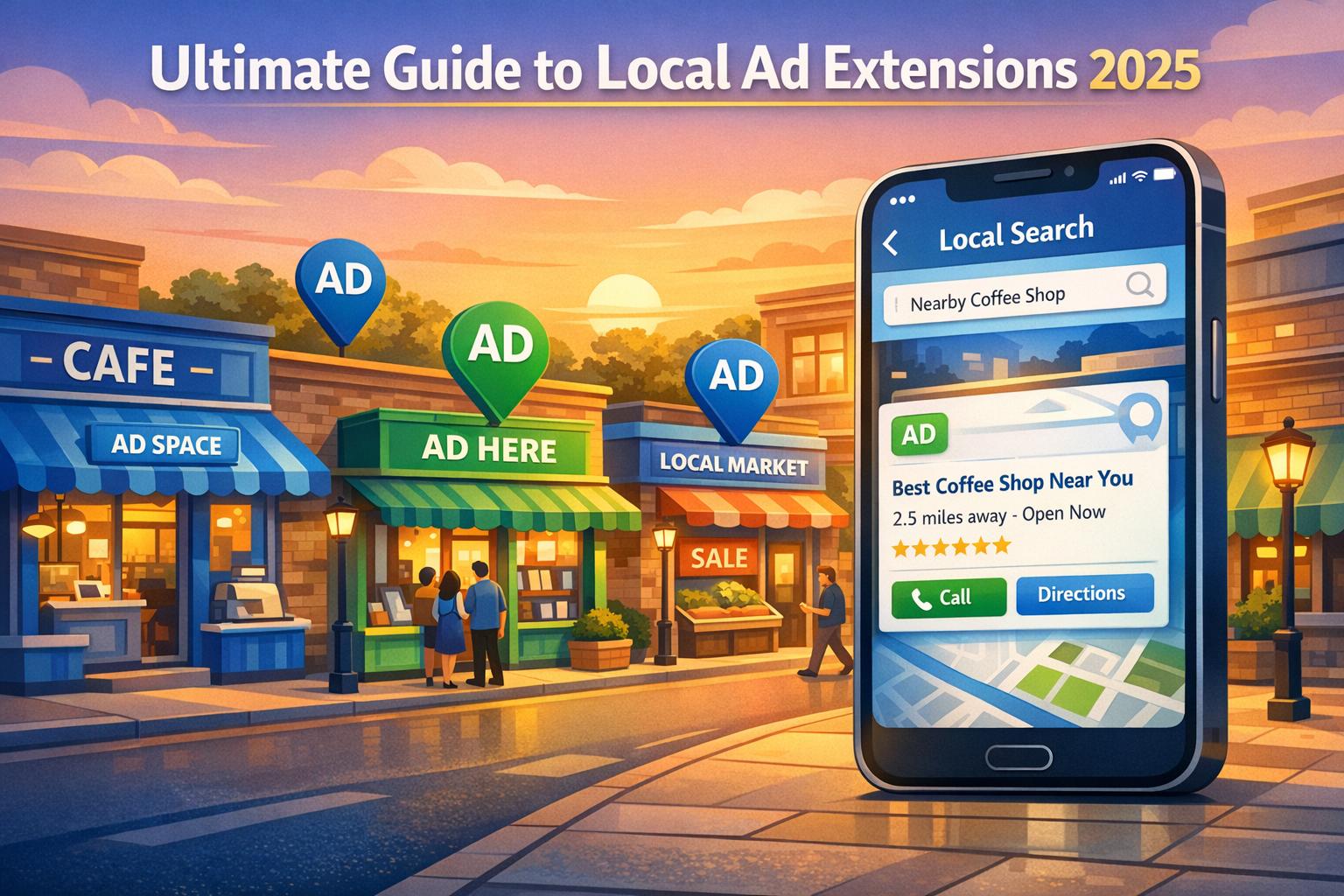 Smartphone showing a local search ad near storefronts for the ultimate guide to local ad extensions 2025.