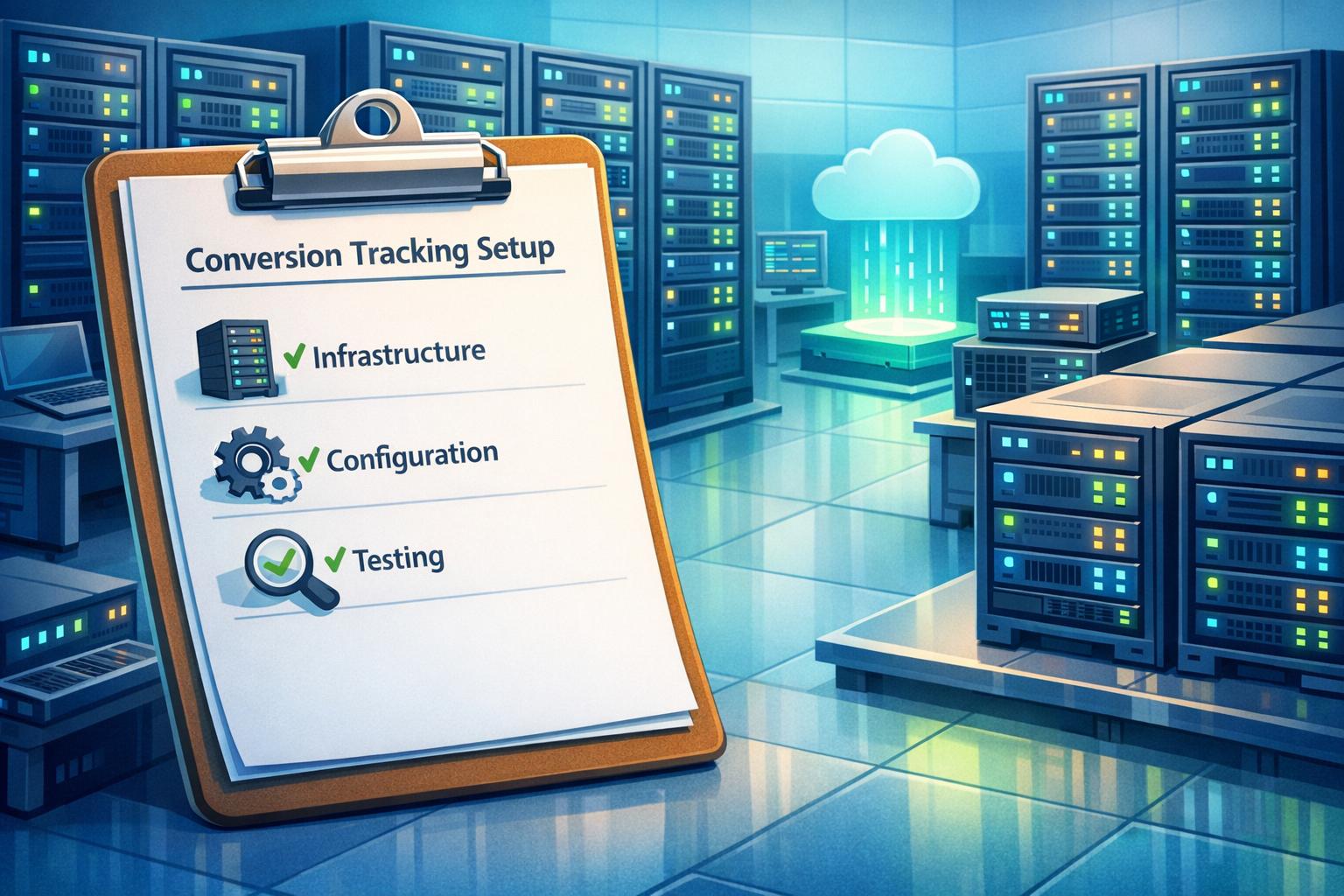 Checklist for server-side conversion tracking setup featuring infrastructure, configuration, and testing in a data center.