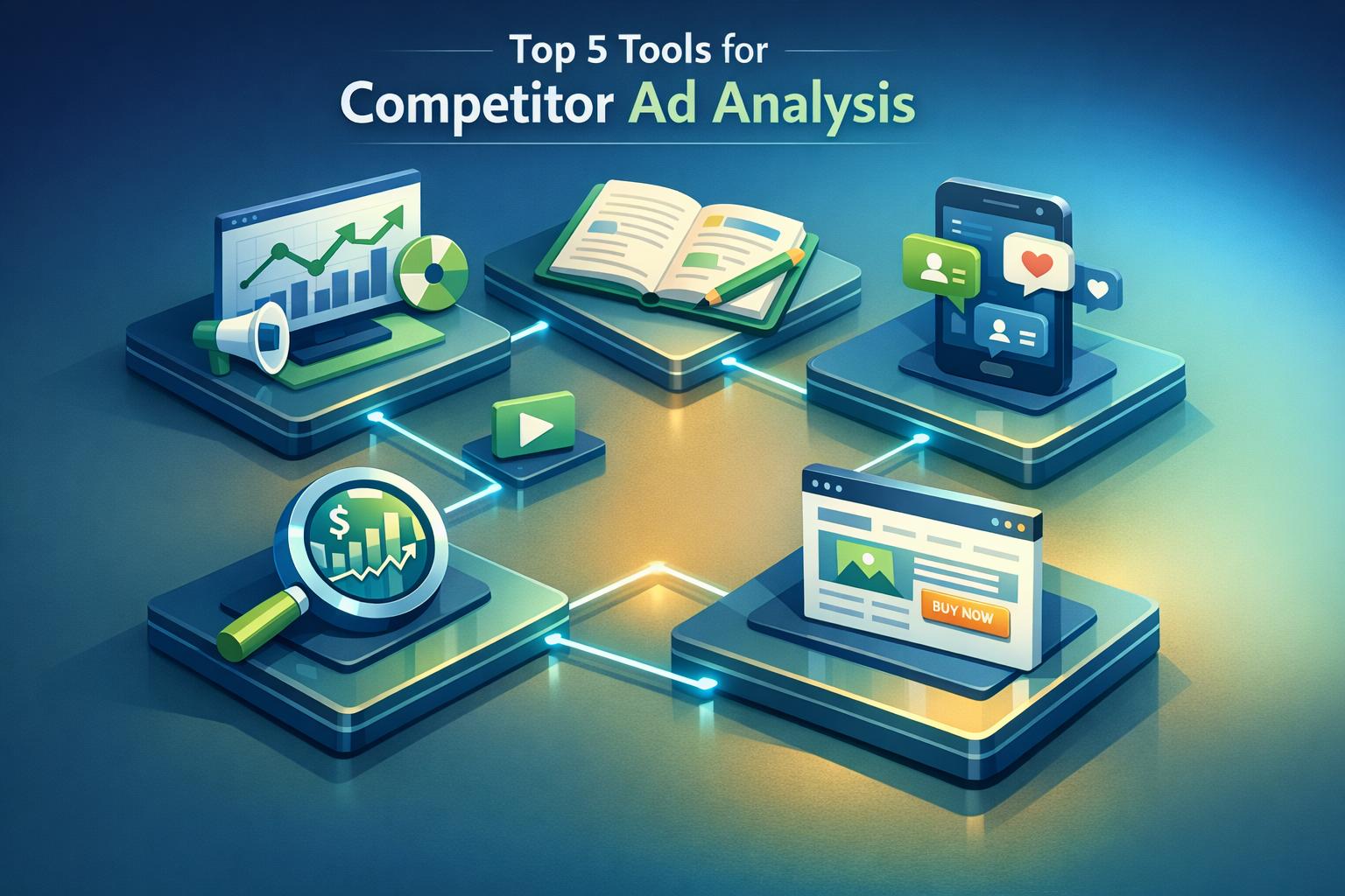 An isometric illustration representing the top 5 tools for competitor ad analysis on digital marketing channels.