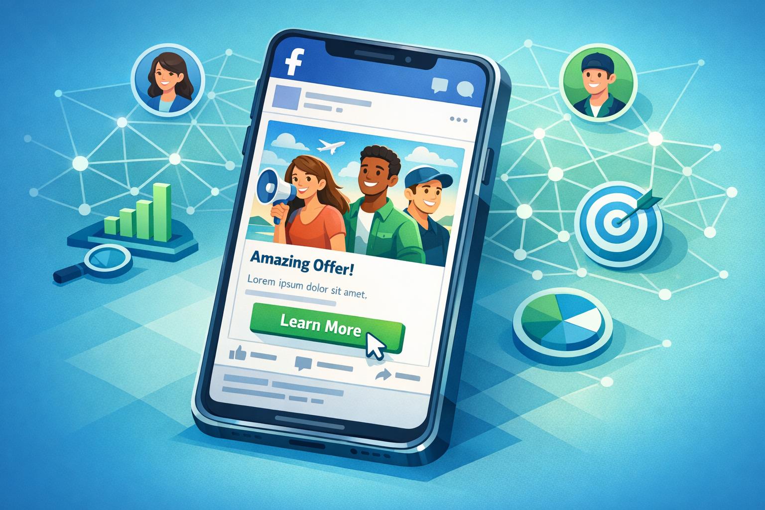 Illustration of a smartphone displaying a high-converting Facebook ad design with targeting and analytics icons.