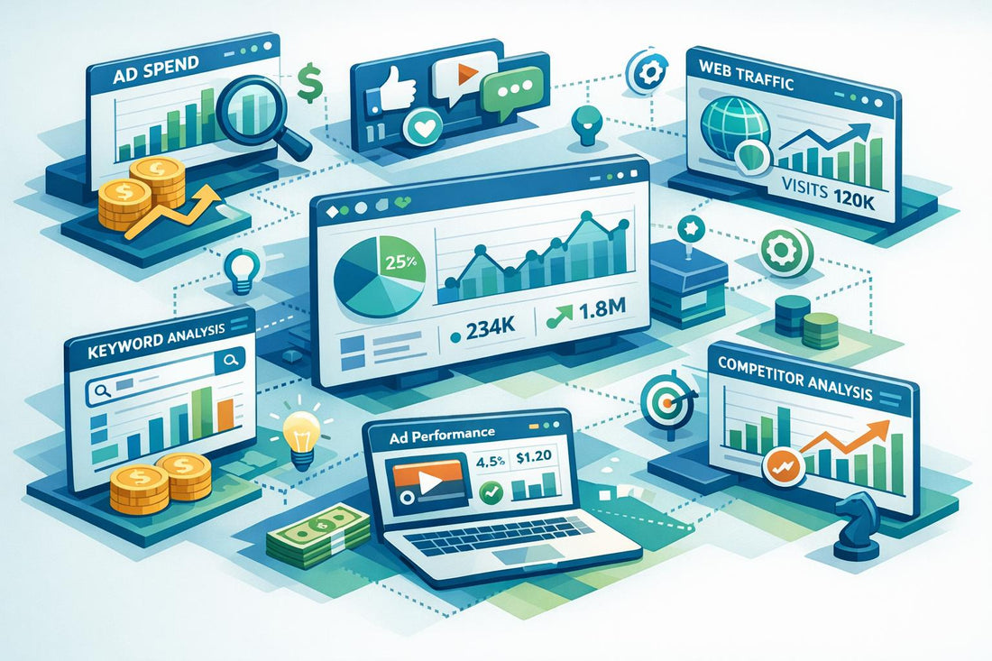 Isometric infographic showing digital marketing dashboards for estimating competitor ad budgets and analyzing performance.