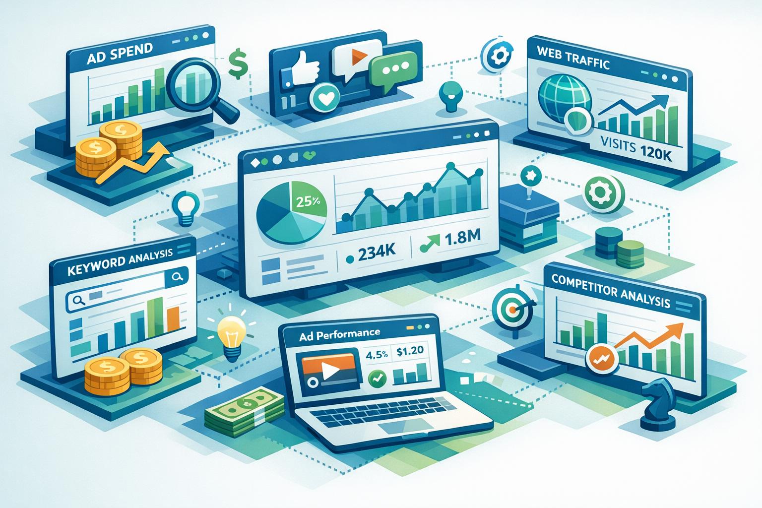 Isometric infographic showing digital marketing dashboards for estimating competitor ad budgets and analyzing performance.