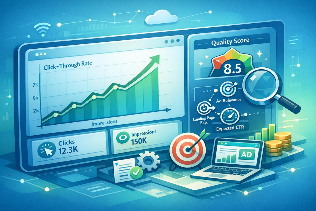 Digital marketing dashboard illustrating the role of expected CTR, ad relevance, and landing page experience in Quality Score.