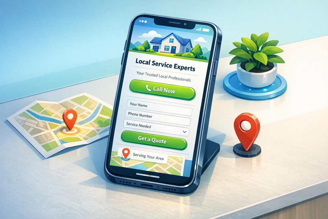 Local services landing page on a smartphone featuring a call-to-action button and user contact form.