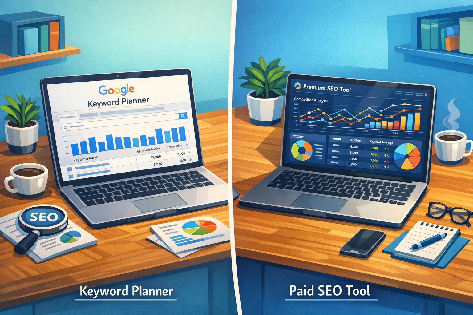 Comparison of Google Keyword Planner interface and a paid SEO tool dashboard with data visualizations on two laptops.