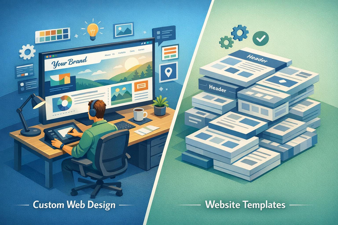 Comparison of custom web design vs templates for local branding on a split-screen illustration.