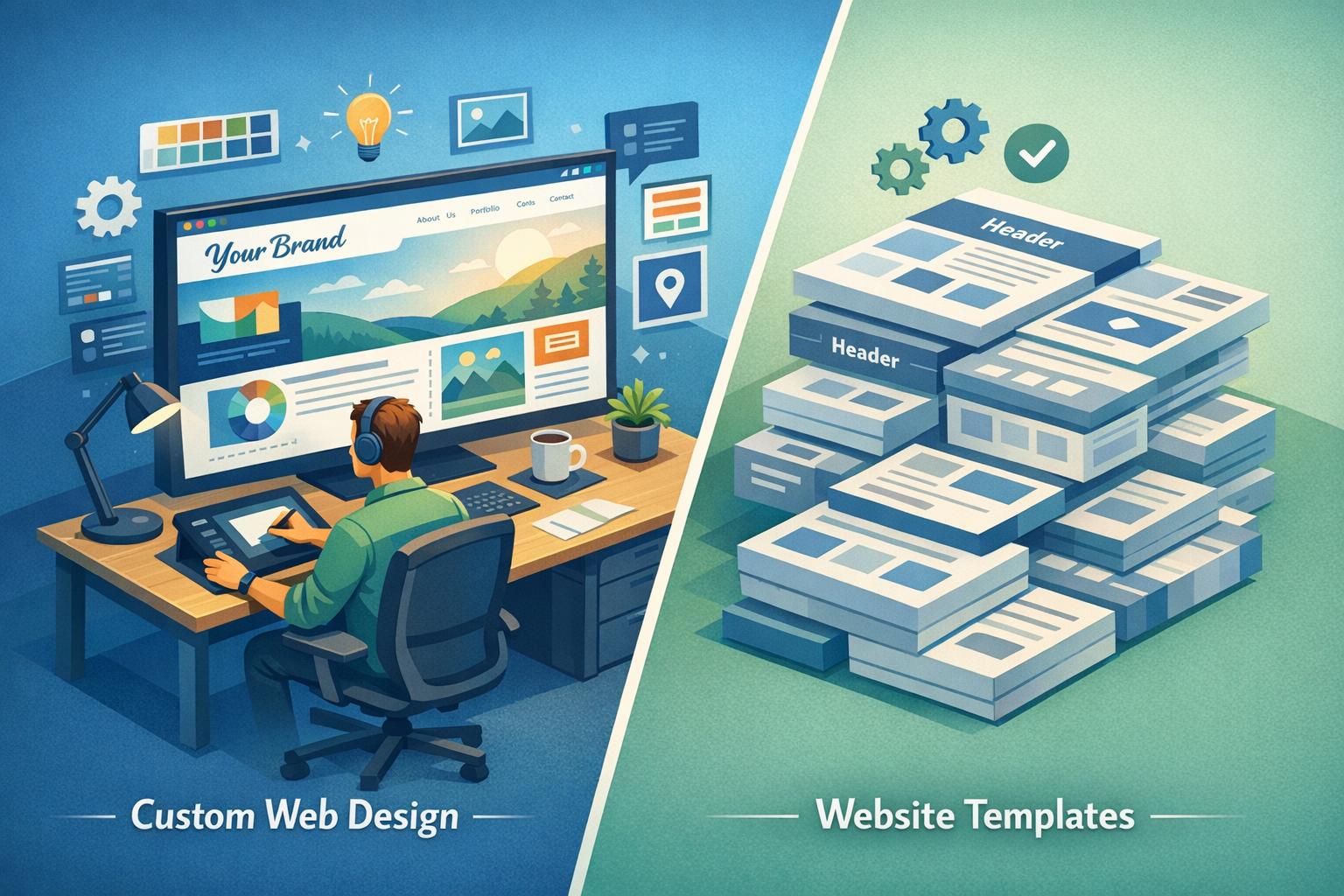 Comparison of custom web design vs templates for local branding on a split-screen illustration.