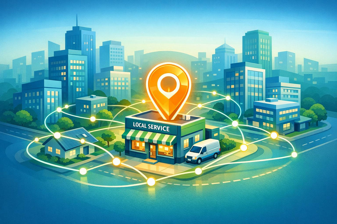 An illustration of a local service business with a large map pin icon, showcasing Google Ads keyword planning for local service ads.