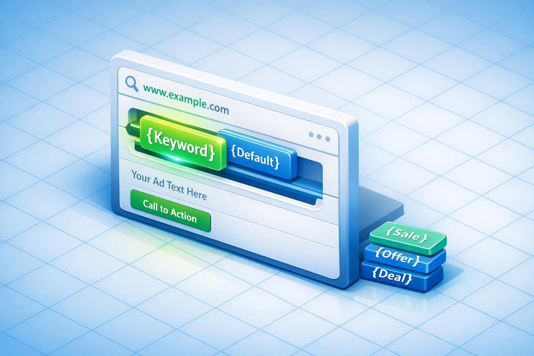 3D browser mockup illustrating dynamic keyword insertion best practices for customizing Google Ads text.