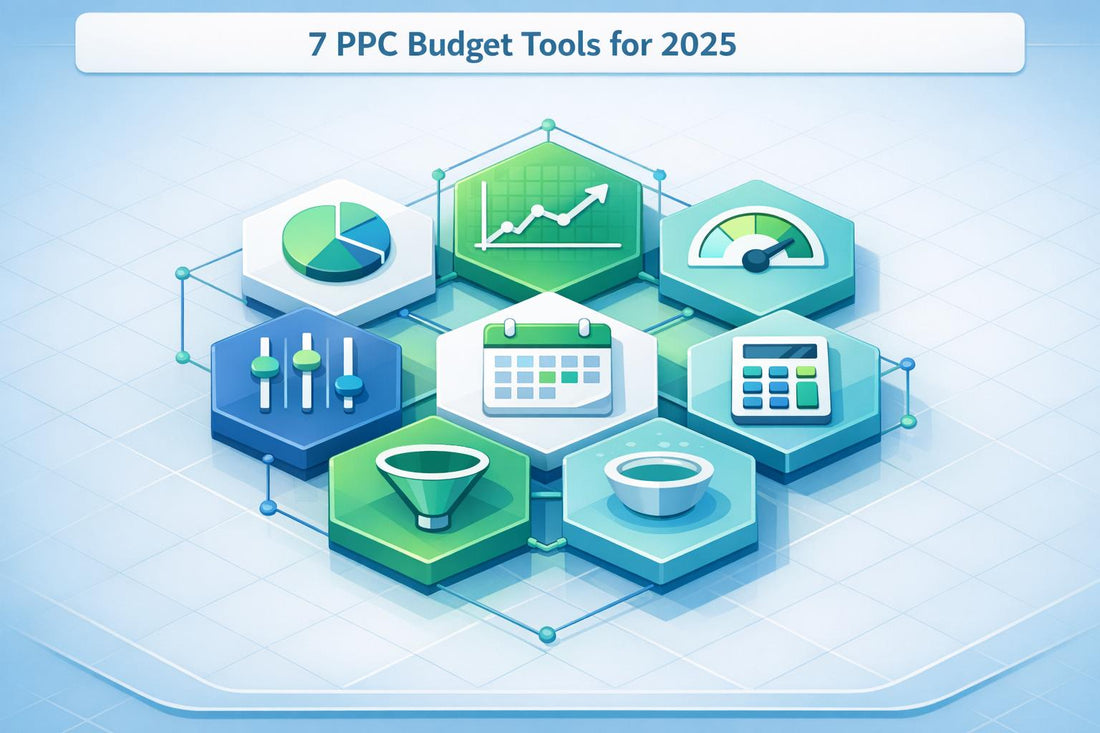 An isometric diagram illustrating 7 PPC budget tools for marketing optimization and management.