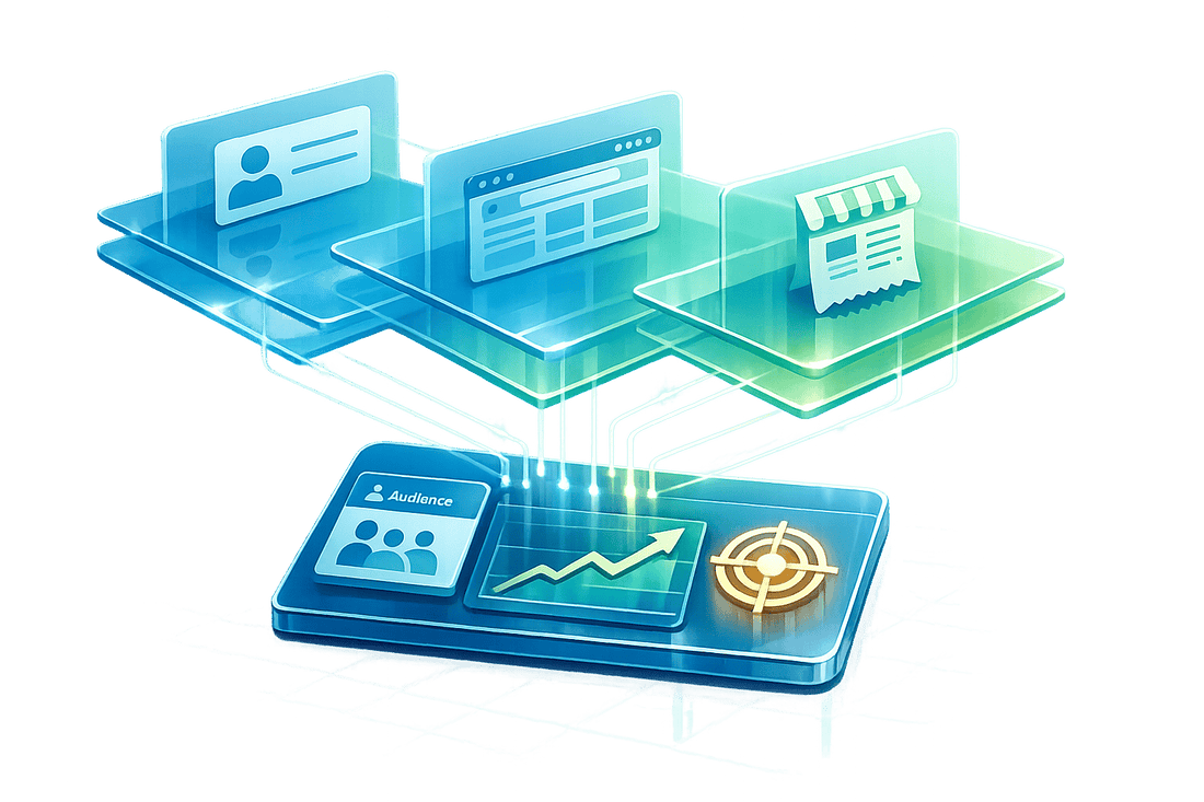 3D illustration of how to use first-party data in Google Ads, featuring CRM contacts, website behavior, and purchase data flowing into a unified audience targeting and performance optimization dashboard