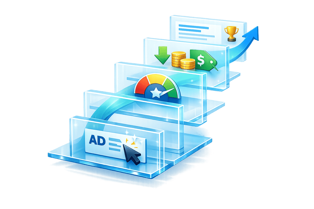 > 3D illustration of how CTR impacts Google Ads Quality Score, featuring a stepped progression from a clicked ad creative through a quality meter to lower CPC, discounted bids, and improved ad ranking