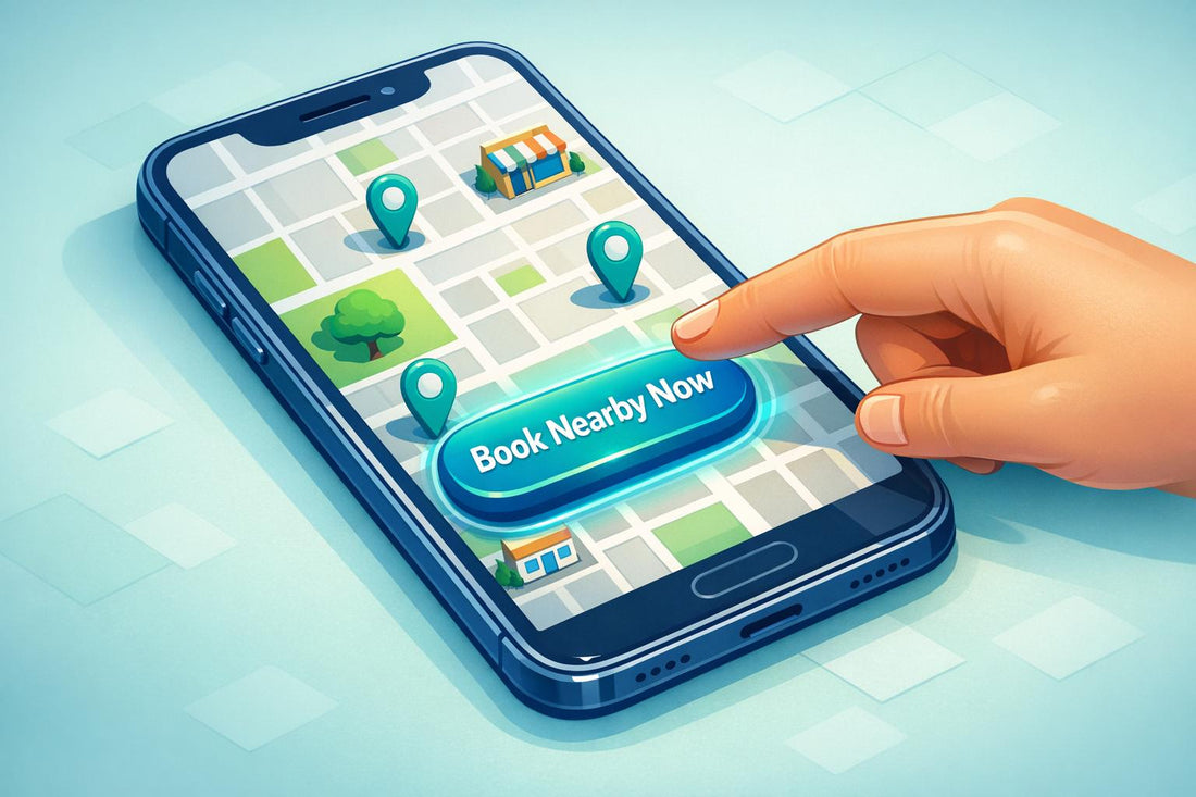 Hand clicking a "Book Nearby Now" CTA button on a smartphone map to convert local leads via Google Ads.