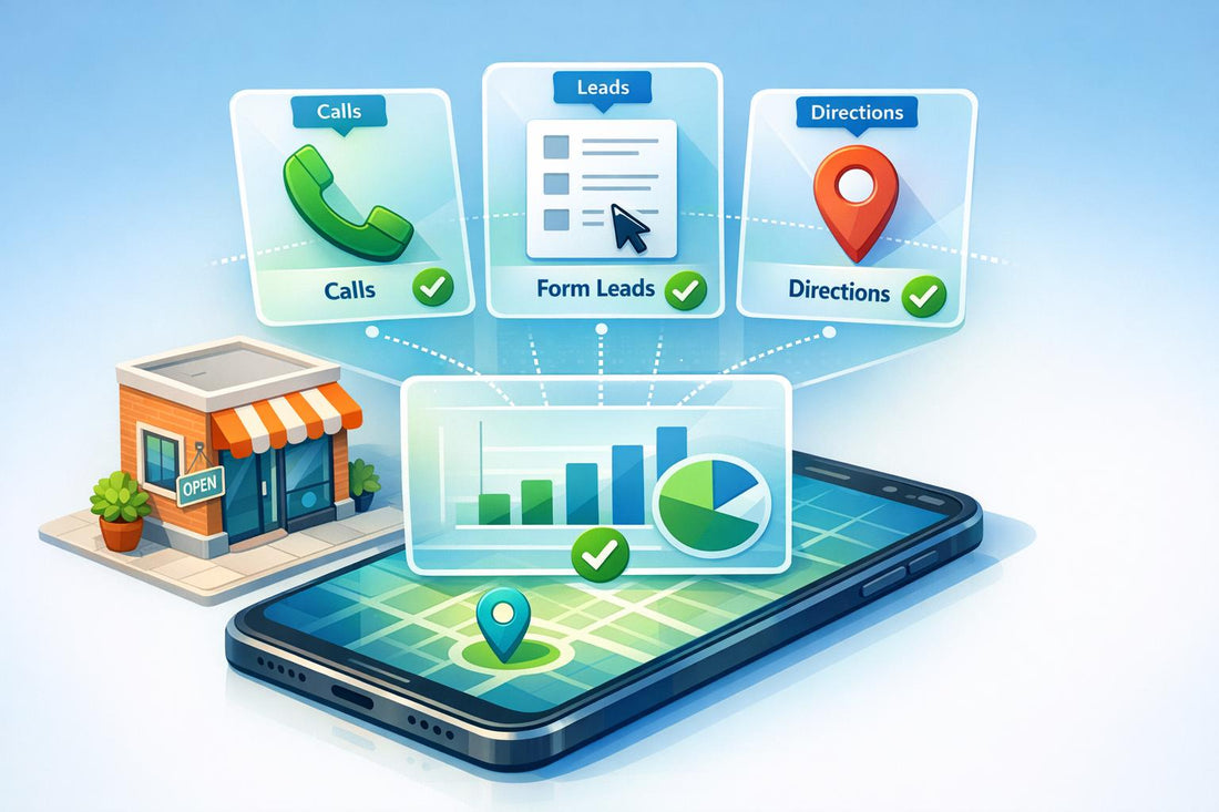 Smartphone and storefront showing conversion tracking for local websites via calls, form leads, and directions.