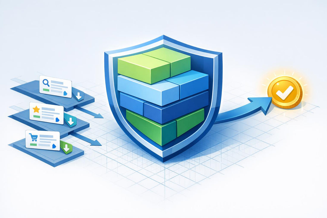 Isometric illustration of a blue shield protecting branded keywords in Google Ads to ensure higher conversions.