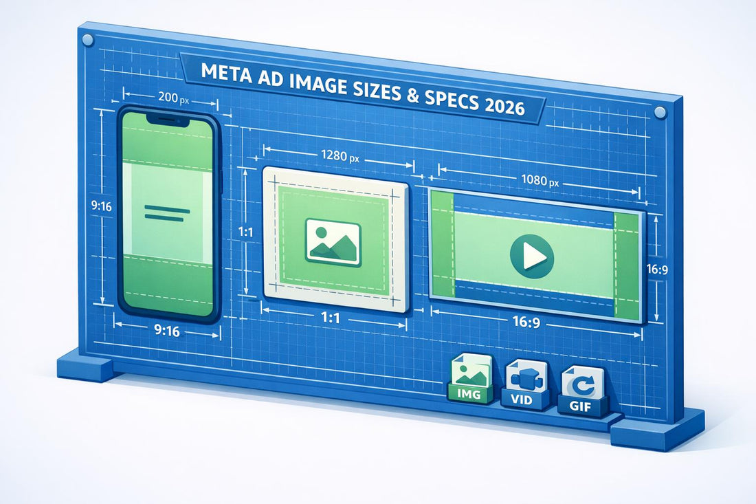 Blueprint guide for Meta ad image sizes and specs 2026, featuring 9:16, 1:1, and 16:9 aspect ratios.