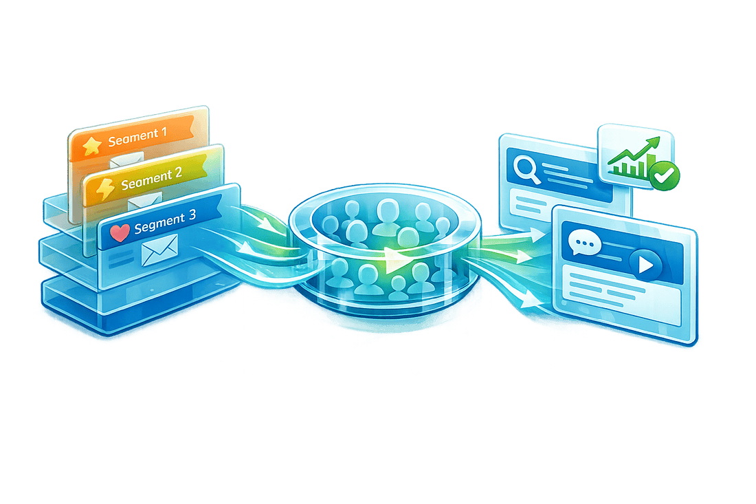 3D illustration of syncing PPC ads with email lists, featuring audience segment panels flowing into a central data processor that distributes targeted search and video ad placements with performance tracking