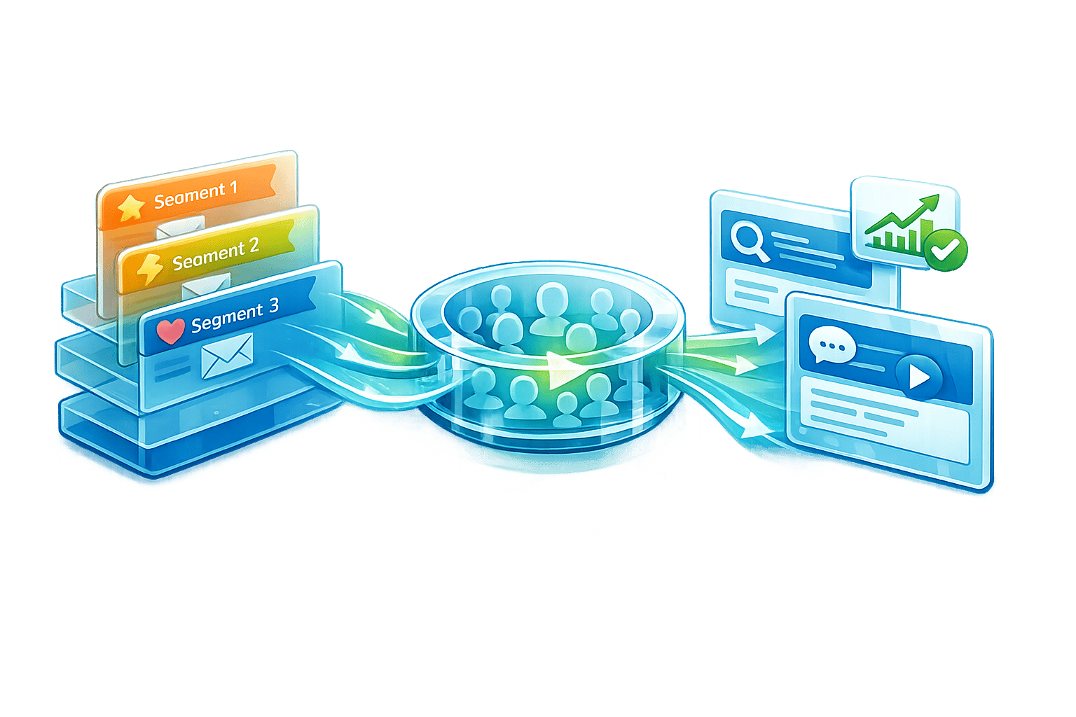3D illustration of syncing PPC ads with email lists, featuring audience segment panels flowing into a central data processor that distributes targeted search and video ad placements with performance tracking