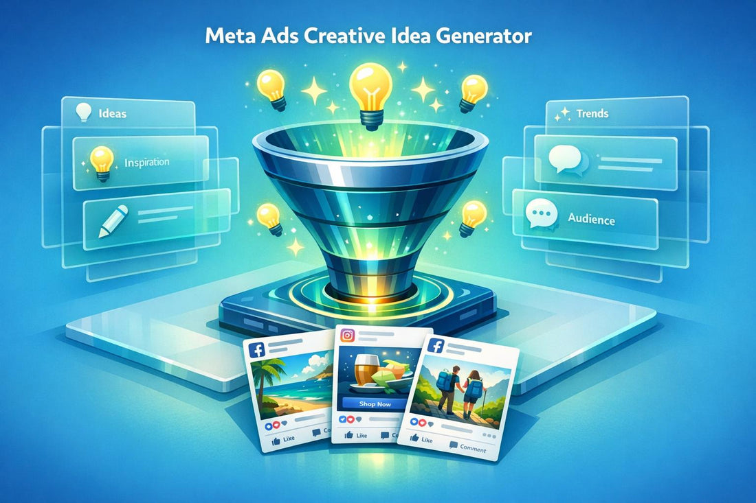 Meta Ads Creative Idea Generator funnel filtering lightbulb ideas into Facebook and Instagram ad mocks.