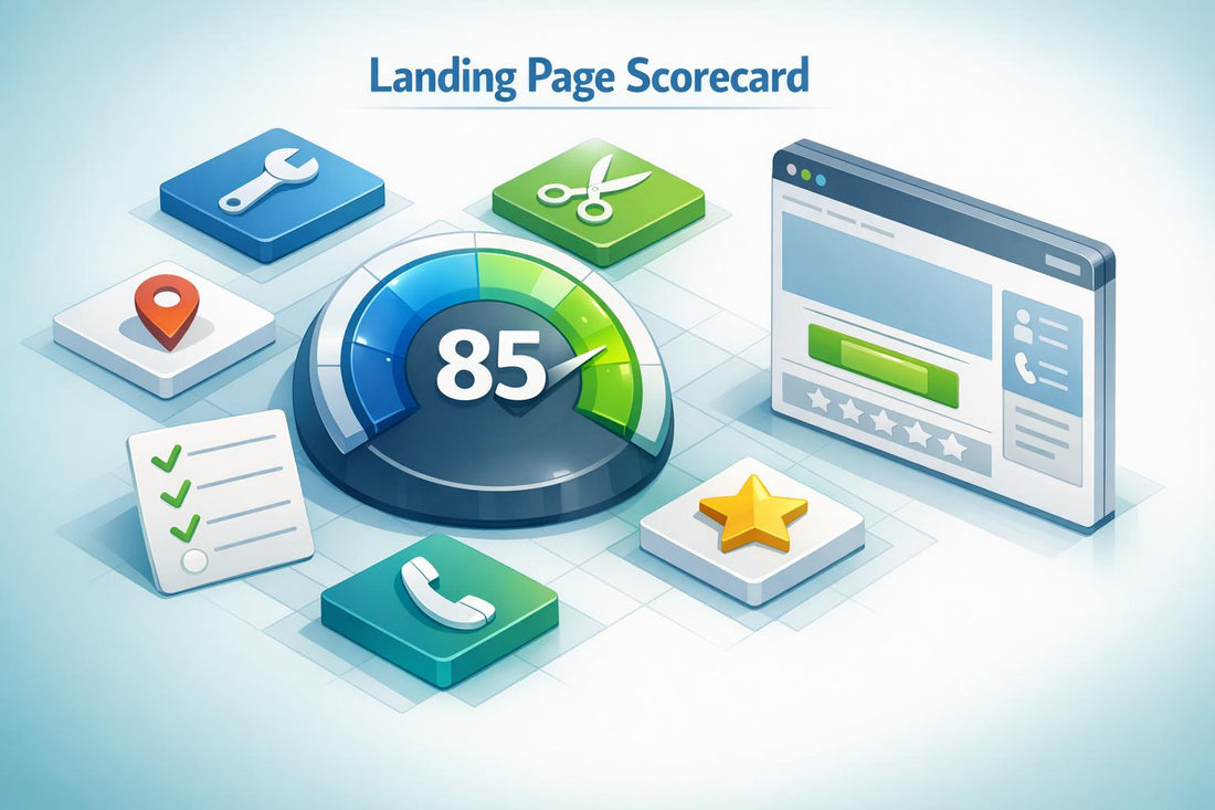 Local service landing page scorecard displaying an 85 performance rating alongside website and contact icons.