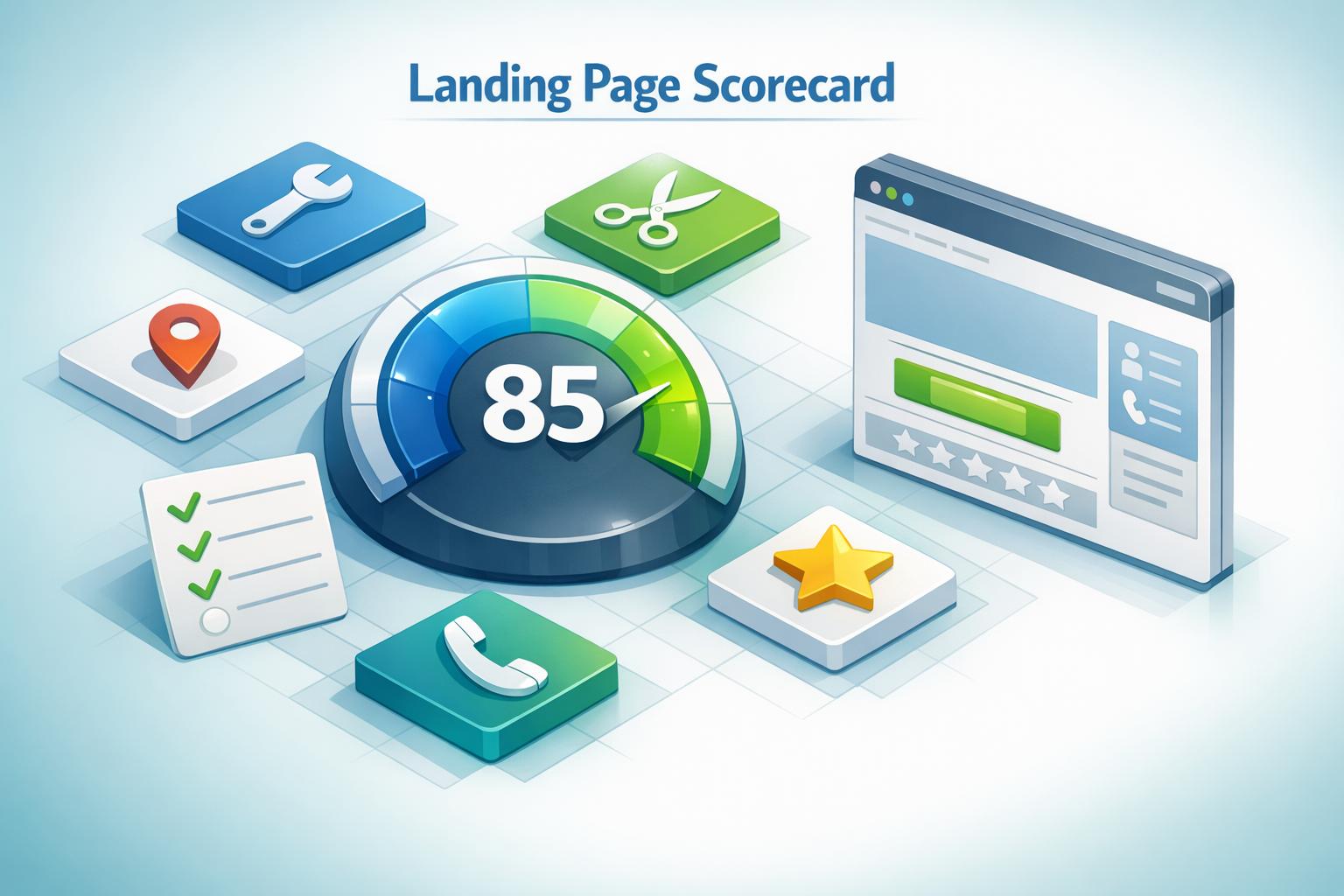 Local service landing page scorecard displaying an 85 performance rating alongside website and contact icons.