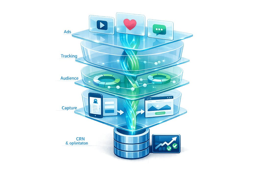 Meta ads strategy for lead generation illustration showing marketing funnel stages from ads to CRM integration.