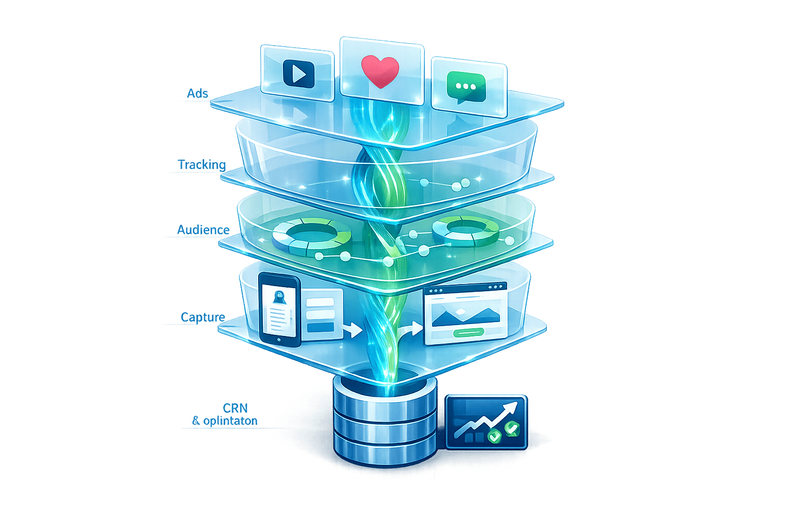 Meta ads strategy for lead generation illustration showing marketing funnel stages from ads to CRM integration.