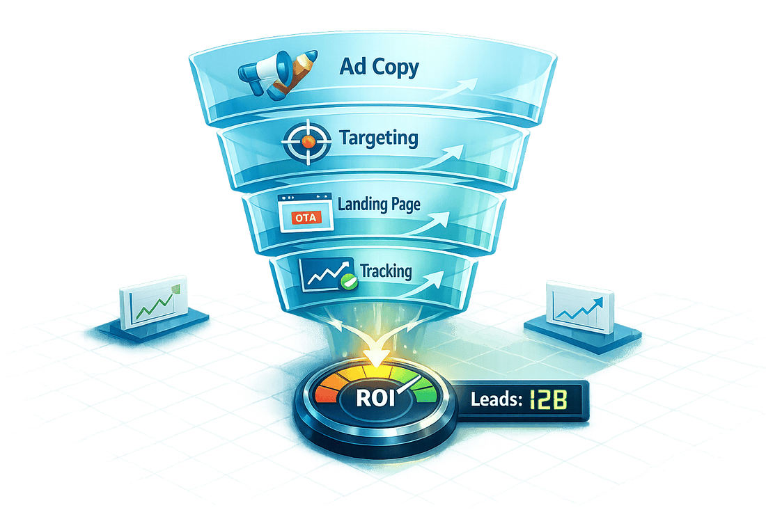 Direct response PPC advertising funnel showing ad copy, targeting, landing page, and tracking stages to boost ROI.