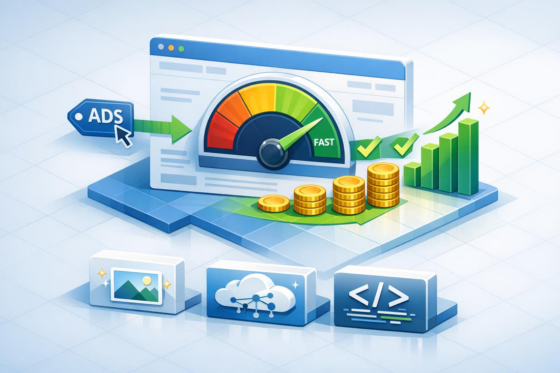 Page speed impact on Google Ads ROI illustration showing a fast website performance gauge boosting campaign profit.