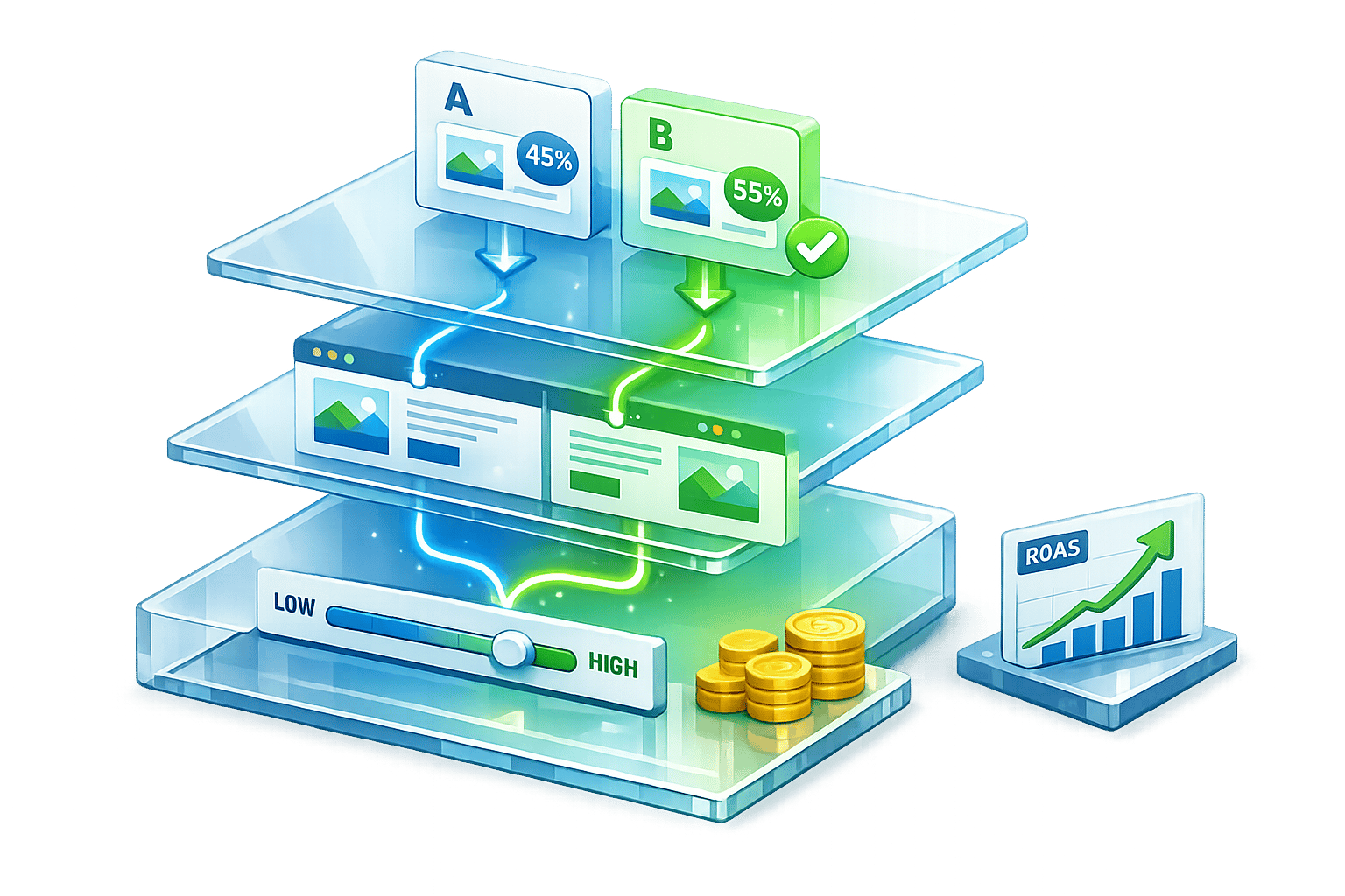 Ultimate A/B testing guide for PPC ROI showing multi-layer campaign comparison to optimize ROAS.