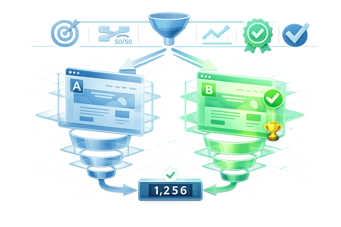 Visualizing A/B testing for Google Ads landing pages with a funnel leading to two variants and conversion data.