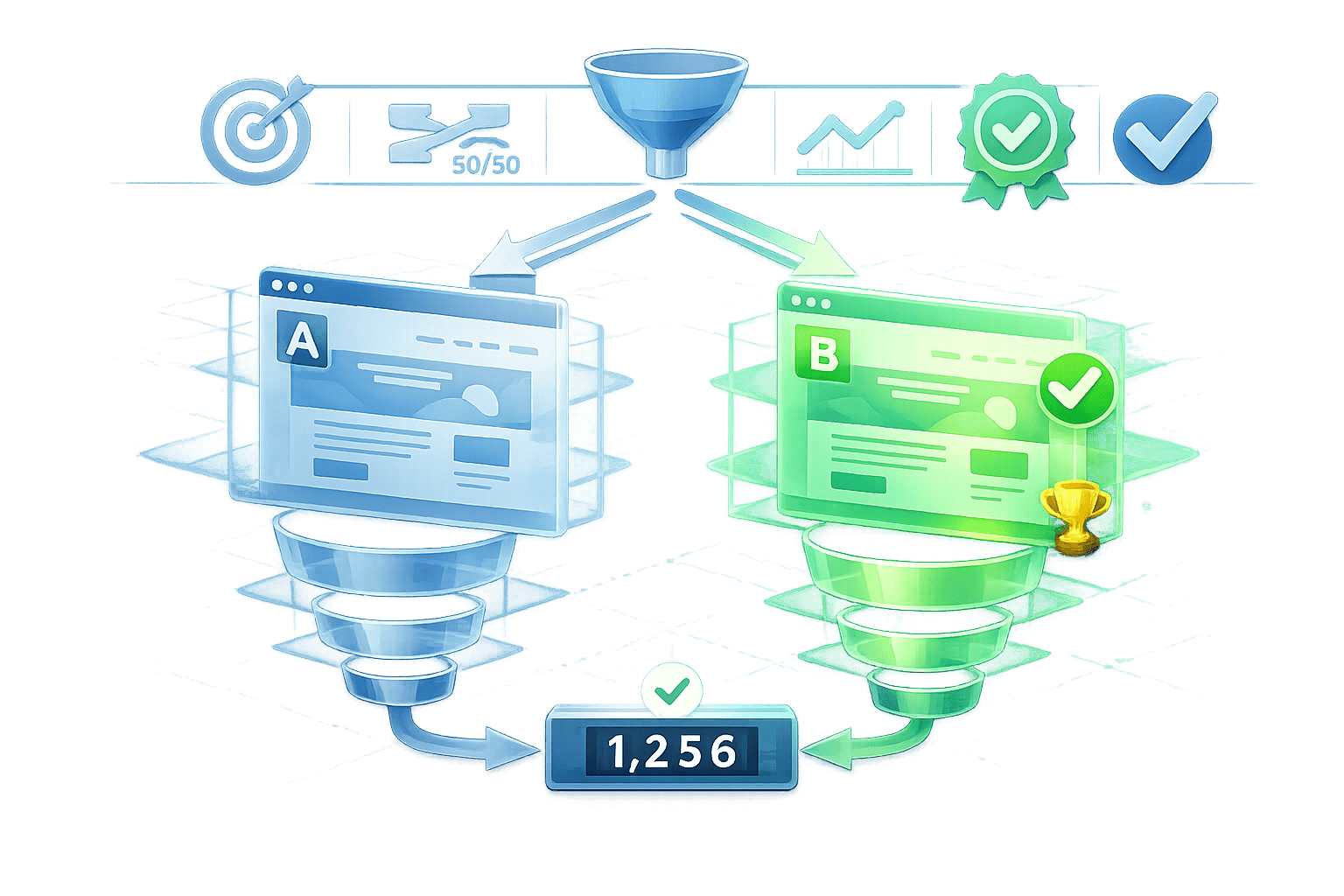 Visualizing A/B testing for Google Ads landing pages with a funnel leading to two variants and conversion data.