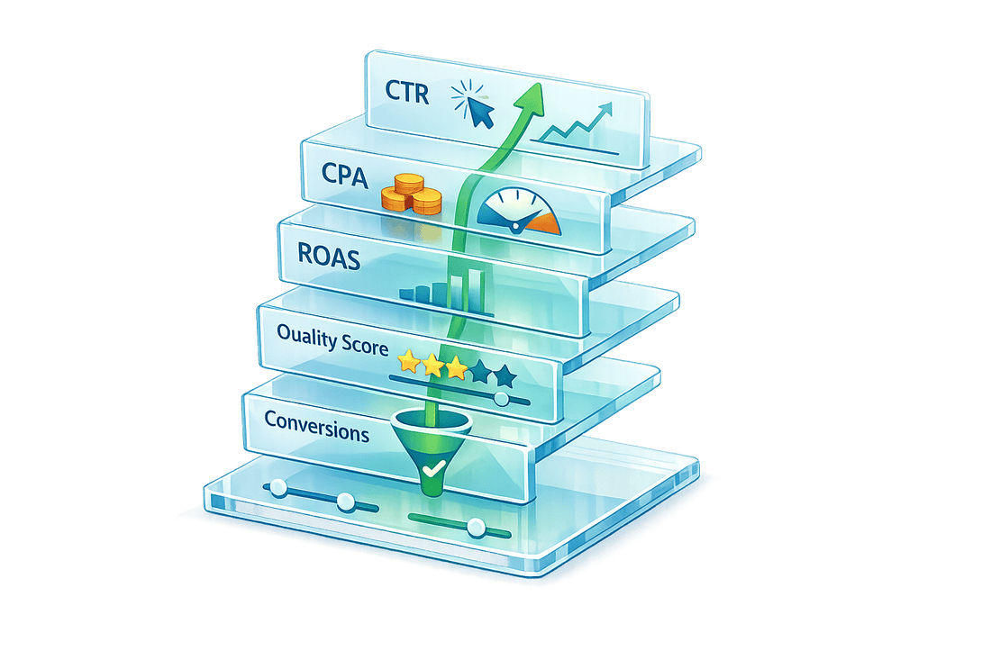 Google Ads KPIs guide graphic showing data layers for CTR, CPA, ROAS, Quality Score, and conversions.