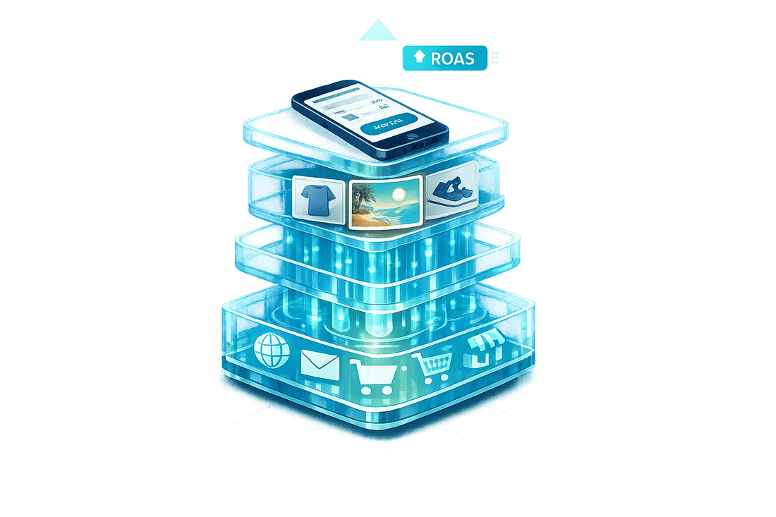 Meta ads illustration showing AI-driven targeting layers for e-commerce products, increasing campaign ROAS.